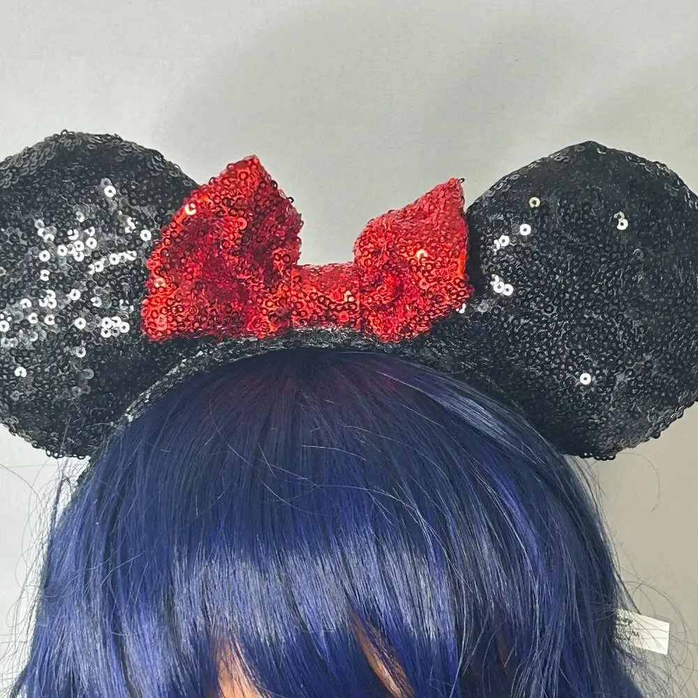 Disney Minnie Mouse Sequin Ear Headband Red Bow Black Ears 2024